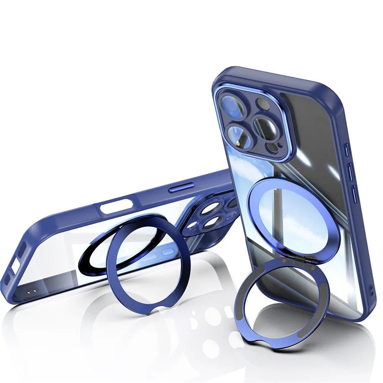 For iPhone 16 Pro Max Case Rotatable Magnetic Kickstand TPU+PC Phone Cover with Lens Film