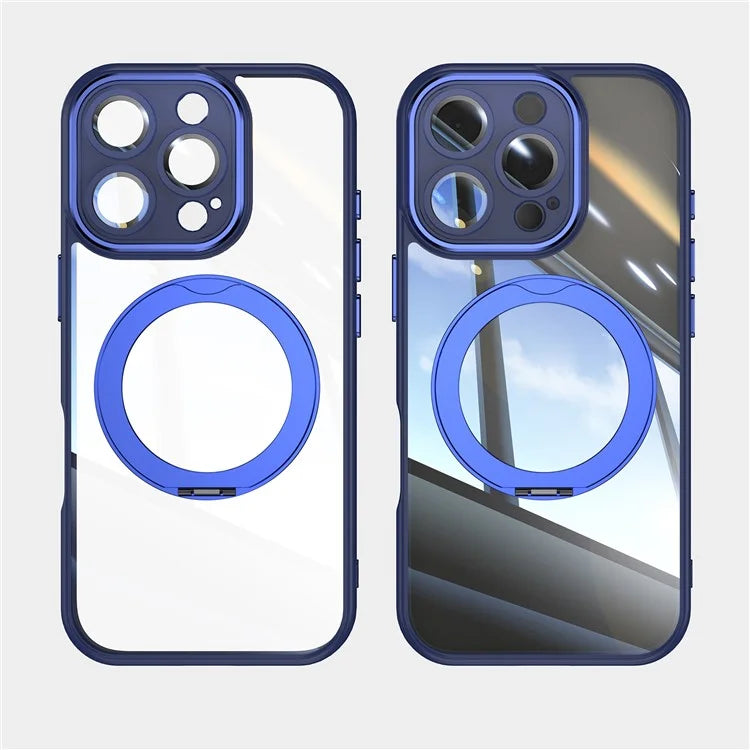 For iPhone 16 Pro Max Case Rotatable Magnetic Kickstand TPU+PC Phone Cover with Lens Film