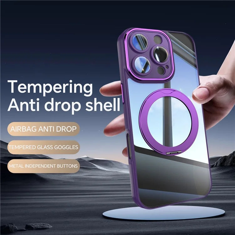 For iPhone 16 Pro Max Case Rotatable Magnetic Kickstand TPU+PC Phone Cover with Lens Film