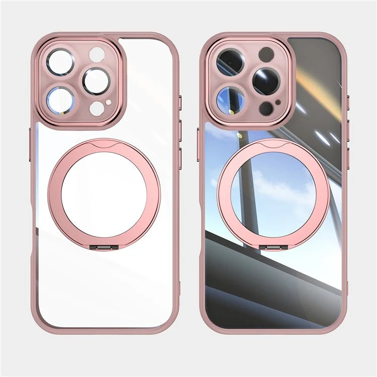 For iPhone 16 Pro Max Case Rotatable Magnetic Kickstand TPU+PC Phone Cover with Lens Film