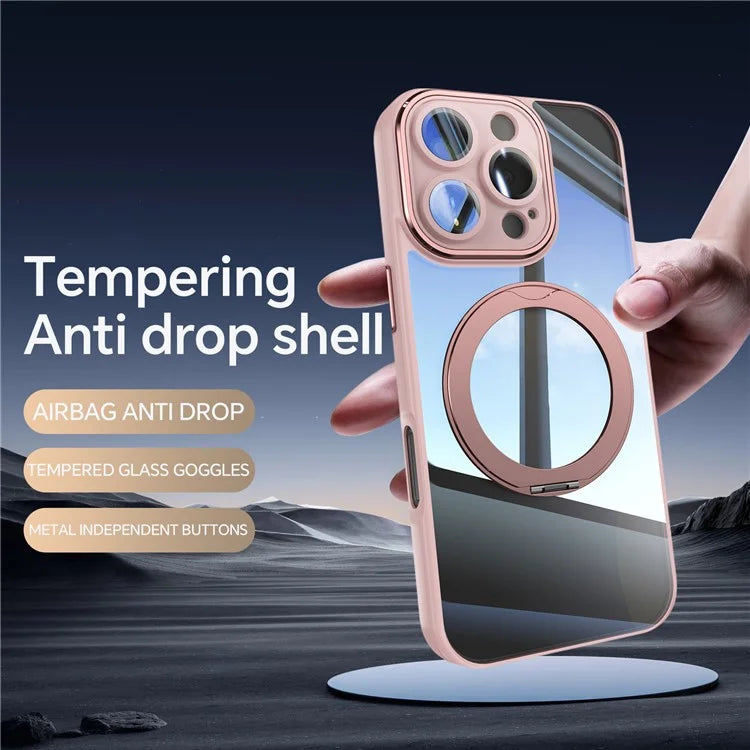 For iPhone 16 Pro Max Case Rotatable Magnetic Kickstand TPU+PC Phone Cover with Lens Film