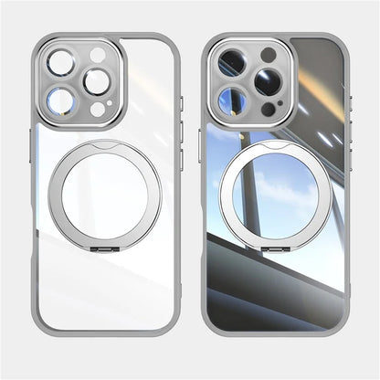For iPhone 16 Pro Max Case Rotatable Magnetic Kickstand TPU+PC Phone Cover with Lens Film