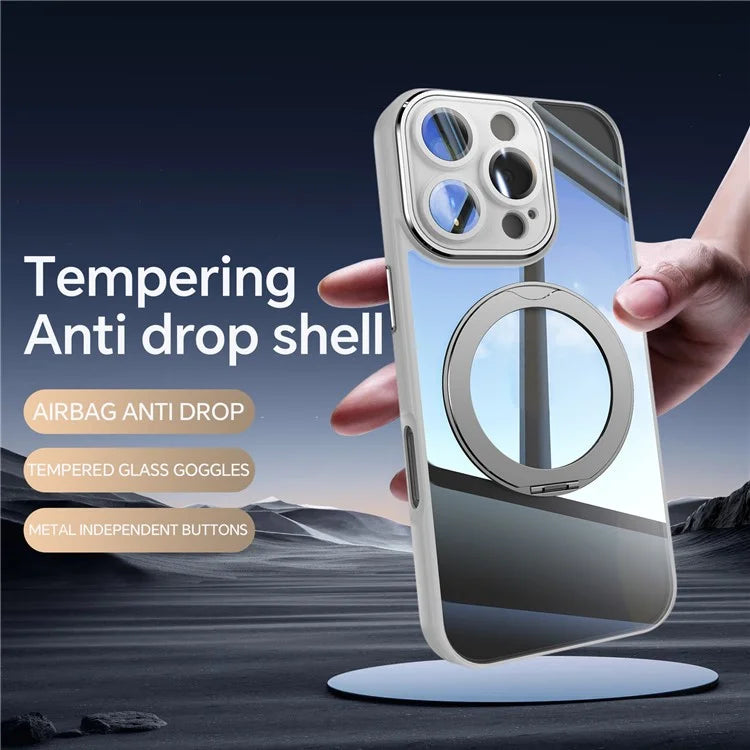 For iPhone 16 Pro Max Case Rotatable Magnetic Kickstand TPU+PC Phone Cover with Lens Film