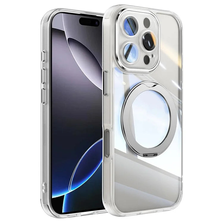 For iPhone 16 Pro Max Case Rotatable Magnetic Kickstand TPU+PC Phone Cover with Lens Film