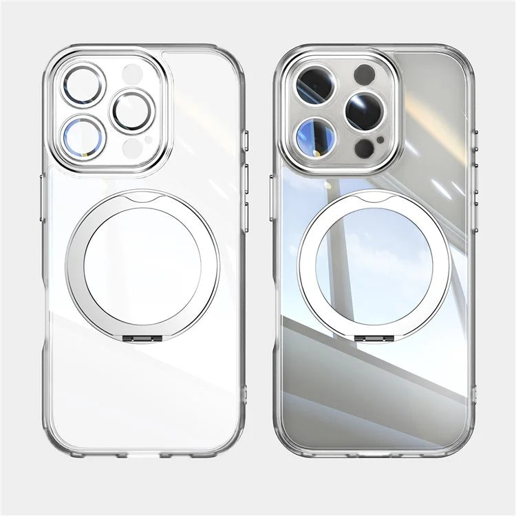 For iPhone 16 Pro Max Case Rotatable Magnetic Kickstand TPU+PC Phone Cover with Lens Film