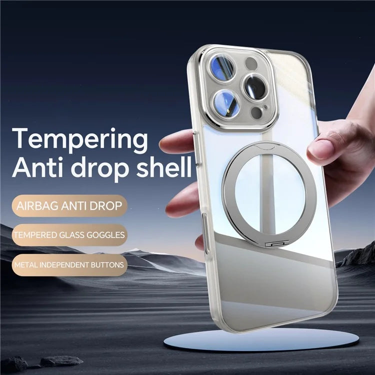 For iPhone 16 Pro Max Case Rotatable Magnetic Kickstand TPU+PC Phone Cover with Lens Film