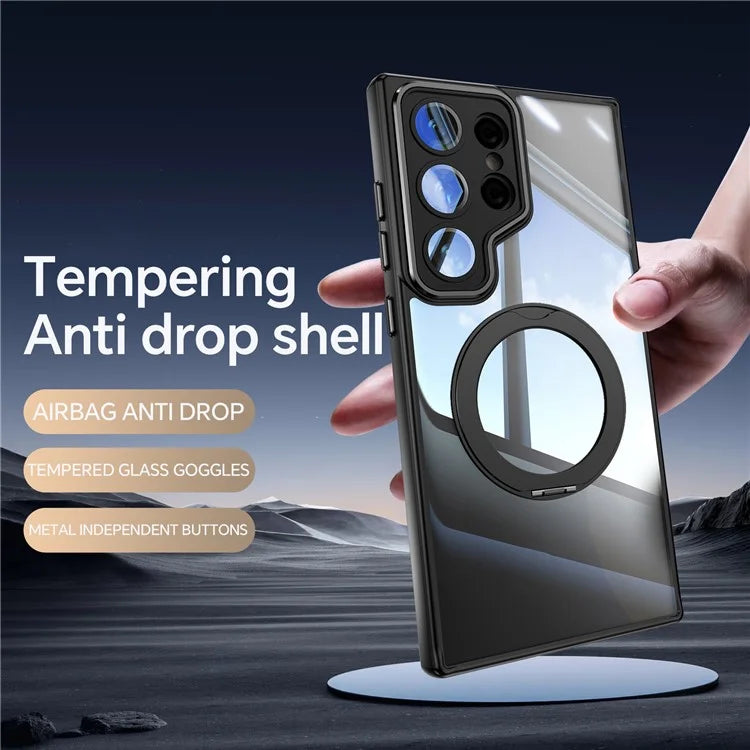 For Samsung Galaxy S24 Ultra Case Rotatable Magnetic Kickstand TPU+PC Phone Cover with Lens Film