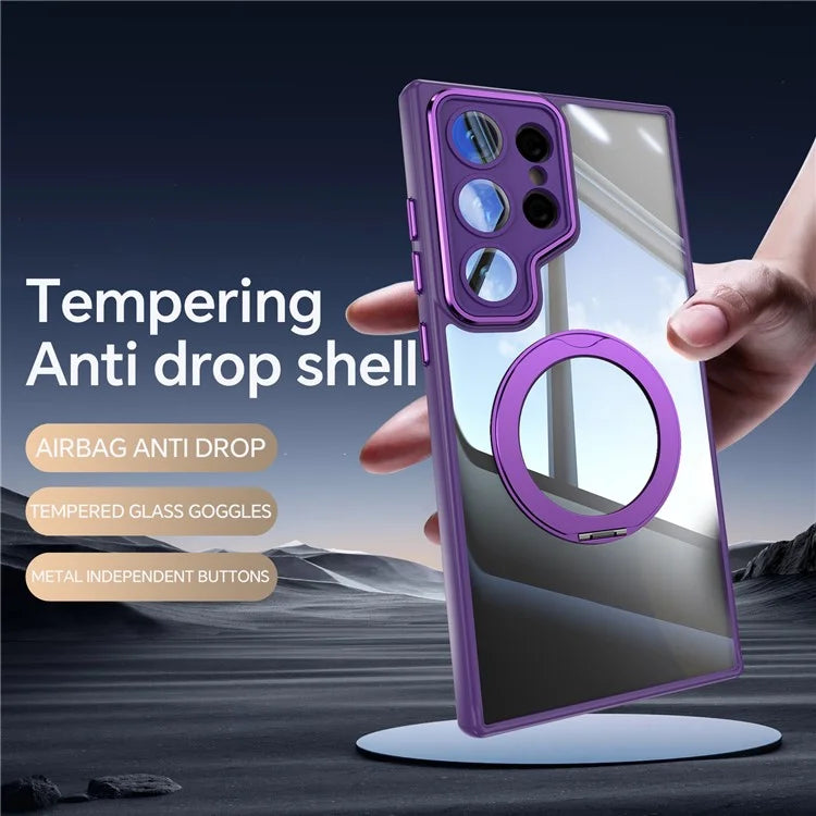 For Samsung Galaxy S24 Ultra Case Rotatable Magnetic Kickstand TPU+PC Phone Cover with Lens Film