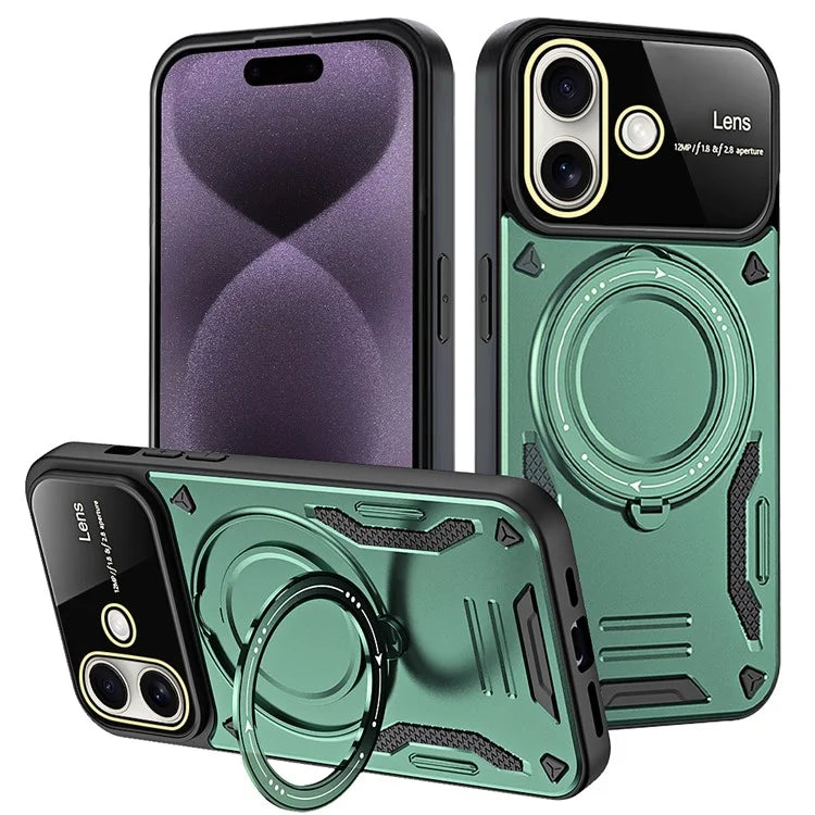 For iPhone 16 Case Rotating Magnetic Kickstand PC+TPU Phone Cover