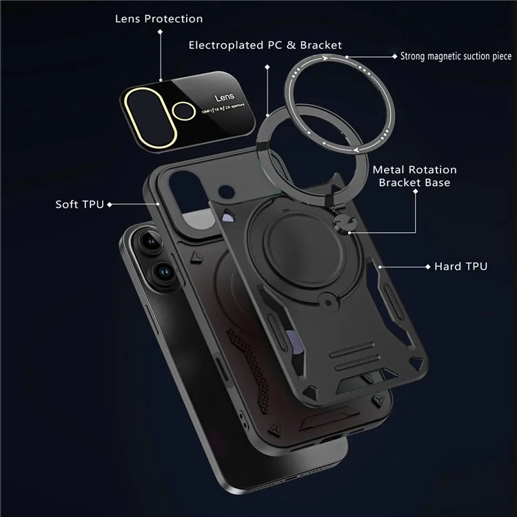 For iPhone 16 Case Rotating Magnetic Kickstand PC+TPU Phone Cover