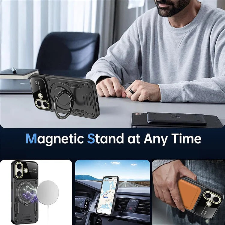 For iPhone 16 Case Rotating Magnetic Kickstand PC+TPU Phone Cover