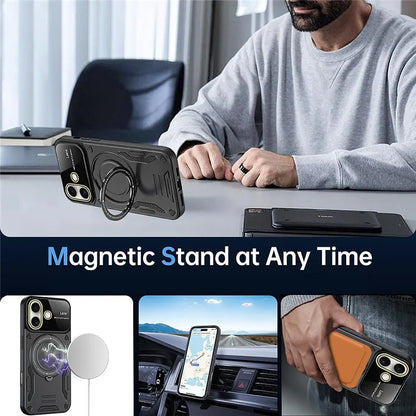 For iPhone 16 Case Rotating Magnetic Kickstand PC+TPU Phone Cover