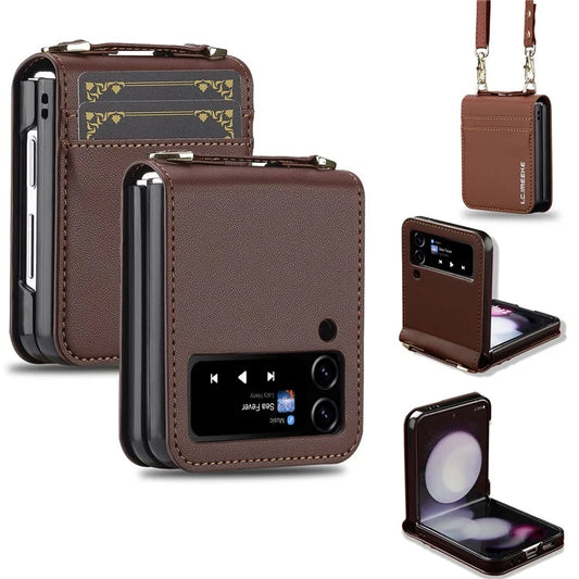 LC.IMEEKE for Samsung Galaxy Z Flip4 5G Case Leather+PC Phone Cover with Straps Card Slots