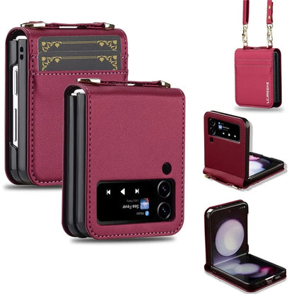 LC.IMEEKE for Samsung Galaxy Z Flip4 5G Case Leather+PC Phone Cover with Straps Card Slots