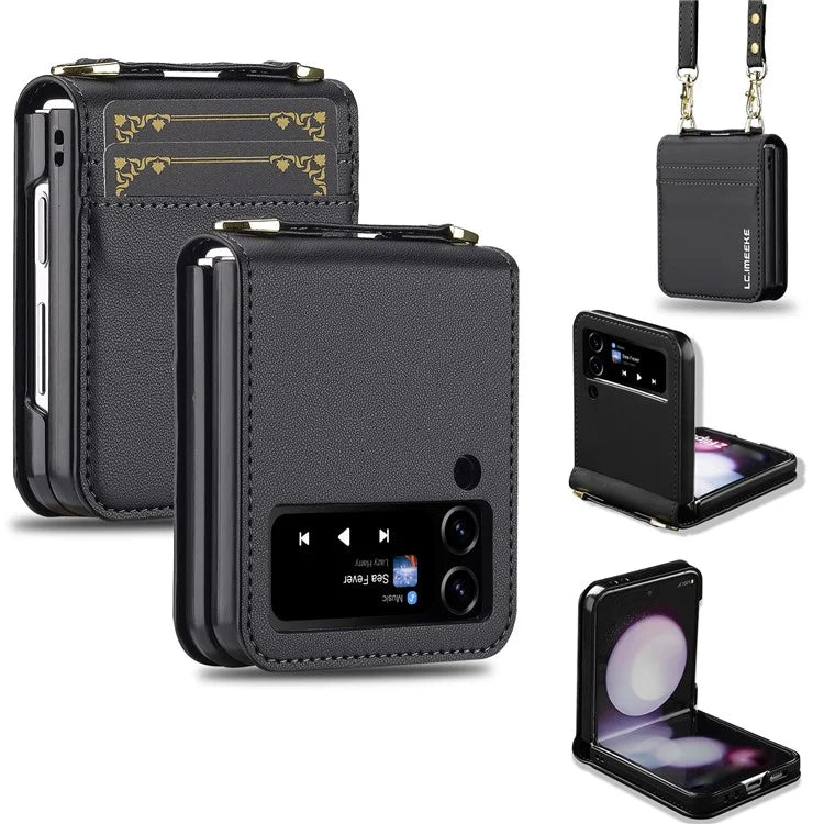 LC.IMEEKE for Samsung Galaxy Z Flip4 5G Case Leather+PC Phone Cover with Straps Card Slots