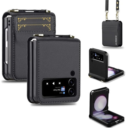 LC.IMEEKE for Samsung Galaxy Z Flip4 5G Case Leather+PC Phone Cover with Straps Card Slots