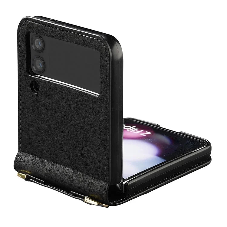 LC.IMEEKE for Samsung Galaxy Z Flip4 5G Case Leather+PC Phone Cover with Straps Card Slots