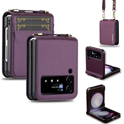 LC.IMEEKE for Samsung Galaxy Z Flip4 5G Case Leather+PC Phone Cover with Straps Card Slots