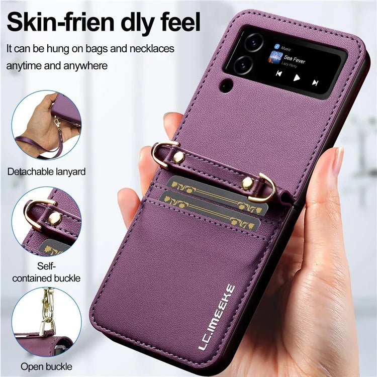 LC.IMEEKE for Samsung Galaxy Z Flip4 5G Case Leather+PC Phone Cover with Straps Card Slots