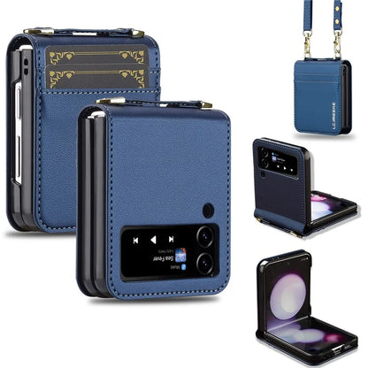 LC.IMEEKE for Samsung Galaxy Z Flip4 5G Case Leather+PC Phone Cover with Straps Card Slots