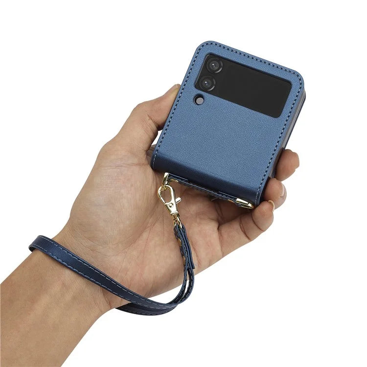 LC.IMEEKE for Samsung Galaxy Z Flip4 5G Case Leather+PC Phone Cover with Straps Card Slots