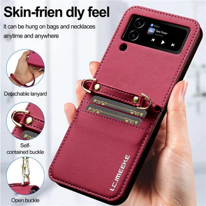 LC.IMEEKE for Samsung Galaxy Z Flip3 5G Case Leather+PC Phone Cover with Straps Card Slots