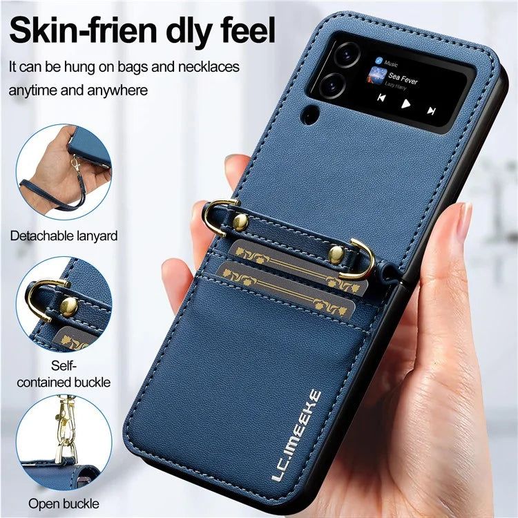 LC.IMEEKE for Samsung Galaxy Z Flip3 5G Case Leather+PC Phone Cover with Straps Card Slots