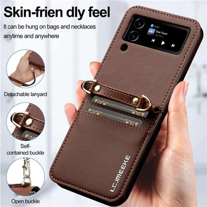 LC.IMEEKE for Samsung Galaxy Z Flip3 5G Case Leather+PC Phone Cover with Straps Card Slots