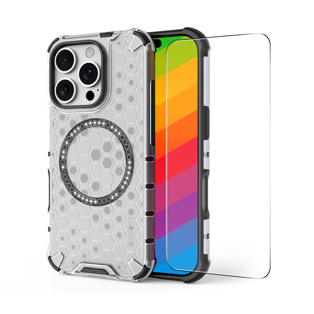 For iPhone 15 Pro ENKAY Hat-Prince Magnetic Case Honeycomb Design TPU+PC Phone Cover + Large Arc Edge Screen Protector