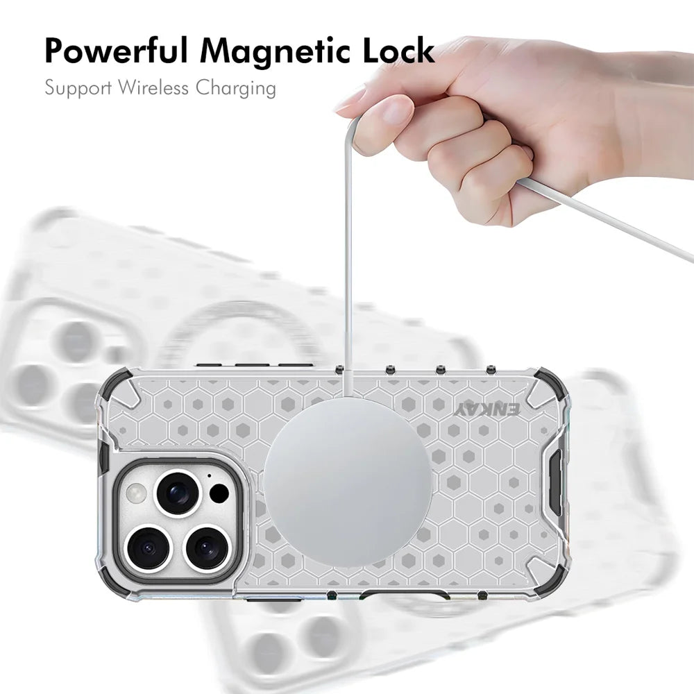For iPhone 15 Pro ENKAY Hat-Prince Magnetic Case Honeycomb Design TPU+PC Phone Cover + Large Arc Edge Screen Protector