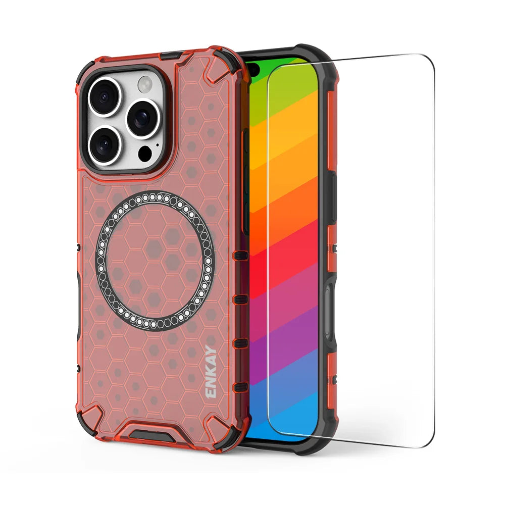 For iPhone 15 Pro ENKAY Hat-Prince Magnetic Case Honeycomb Design TPU+PC Phone Cover + Large Arc Edge Screen Protector