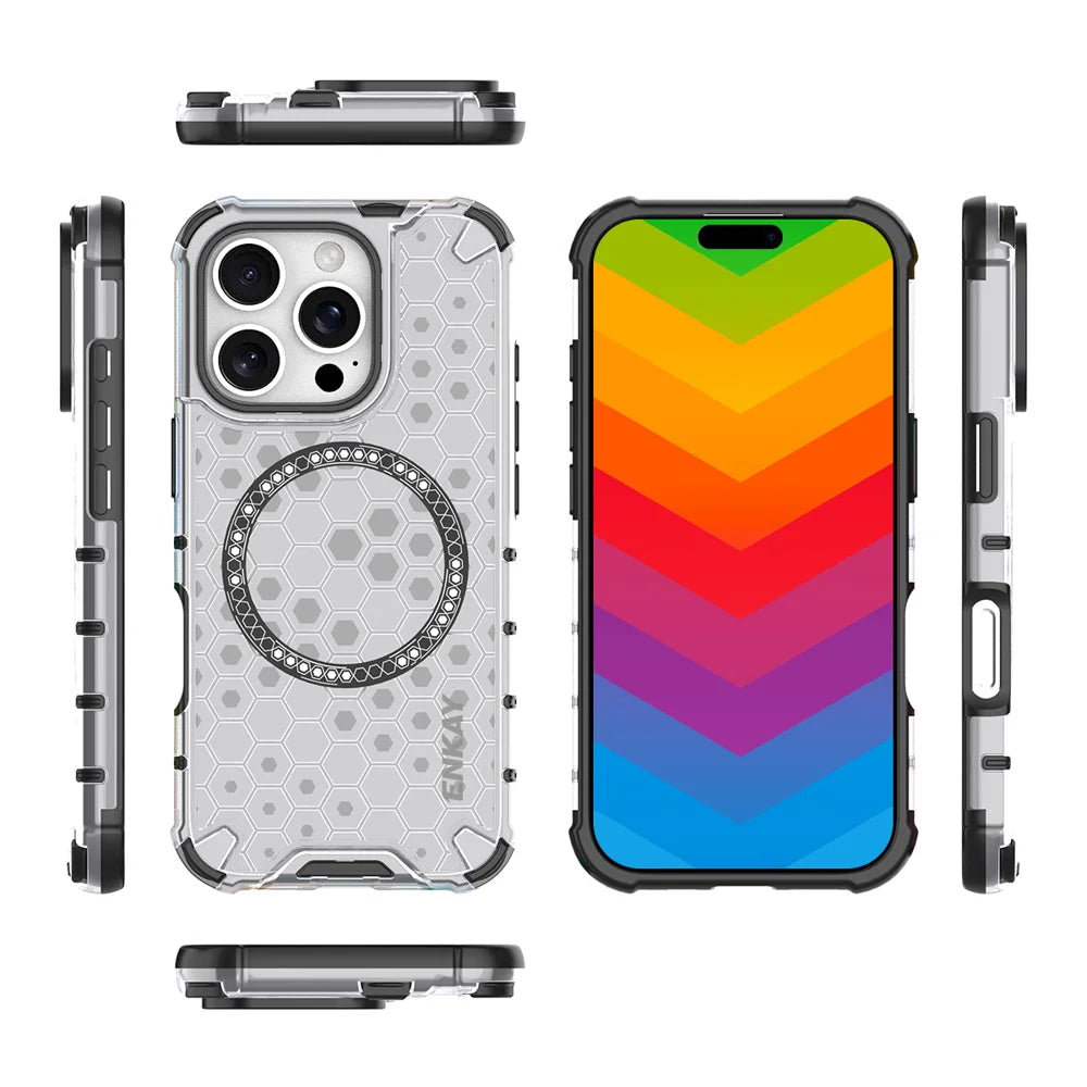 For iPhone 15 Pro ENKAY Hat-Prince Magnetic Case Honeycomb Design TPU+PC Phone Cover + Large Arc Edge Screen Protector