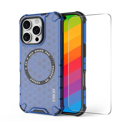 For iPhone 15 Pro ENKAY Hat-Prince Magnetic Case Honeycomb Design TPU+PC Phone Cover + Large Arc Edge Screen Protector