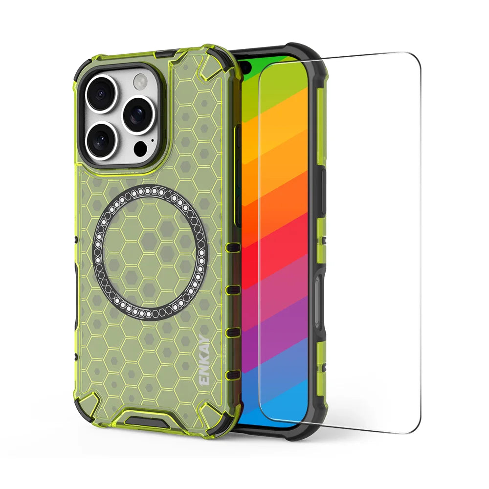 For iPhone 15 Pro ENKAY Hat-Prince Magnetic Case Honeycomb Design TPU+PC Phone Cover + Large Arc Edge Screen Protector