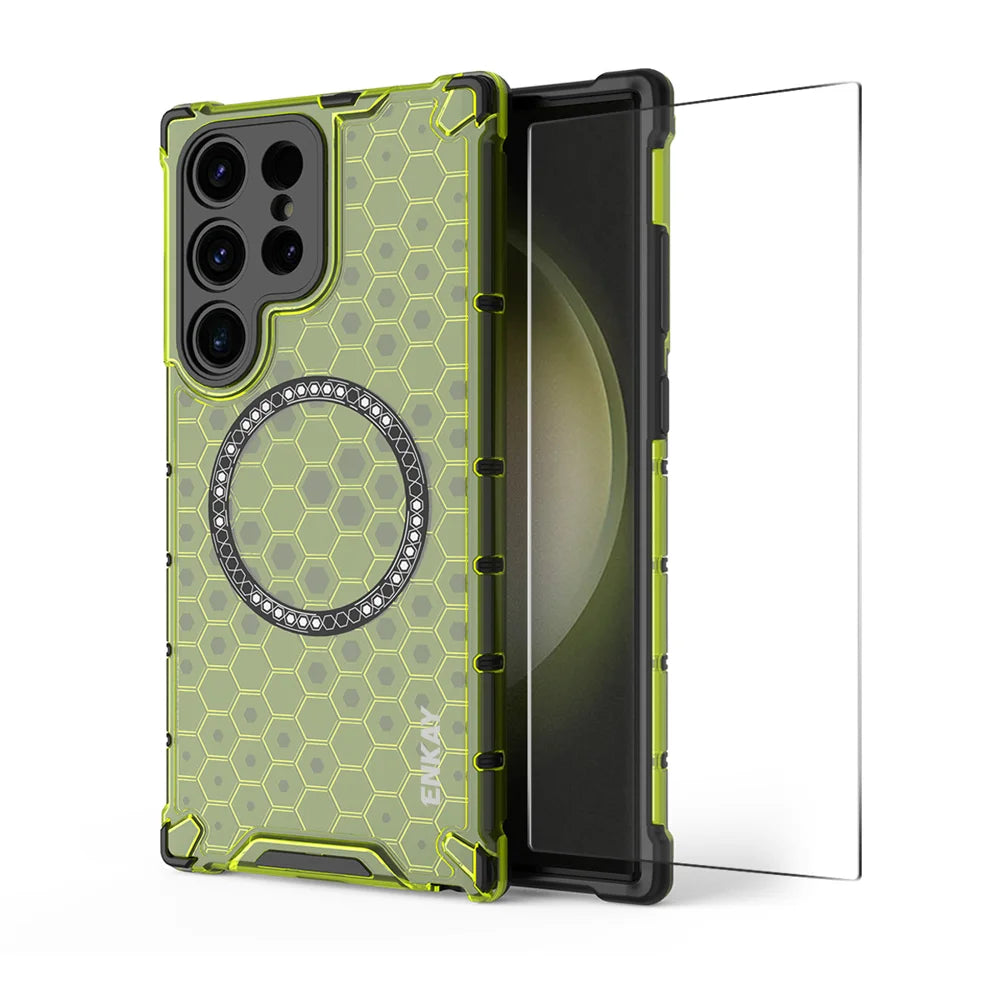 For Samsung Galaxy S24 Ultra ENKAY Hat-Prince Magnetic Case Honeycomb Design TPU+PC Phone Cover + 0.18mm Screen Protector