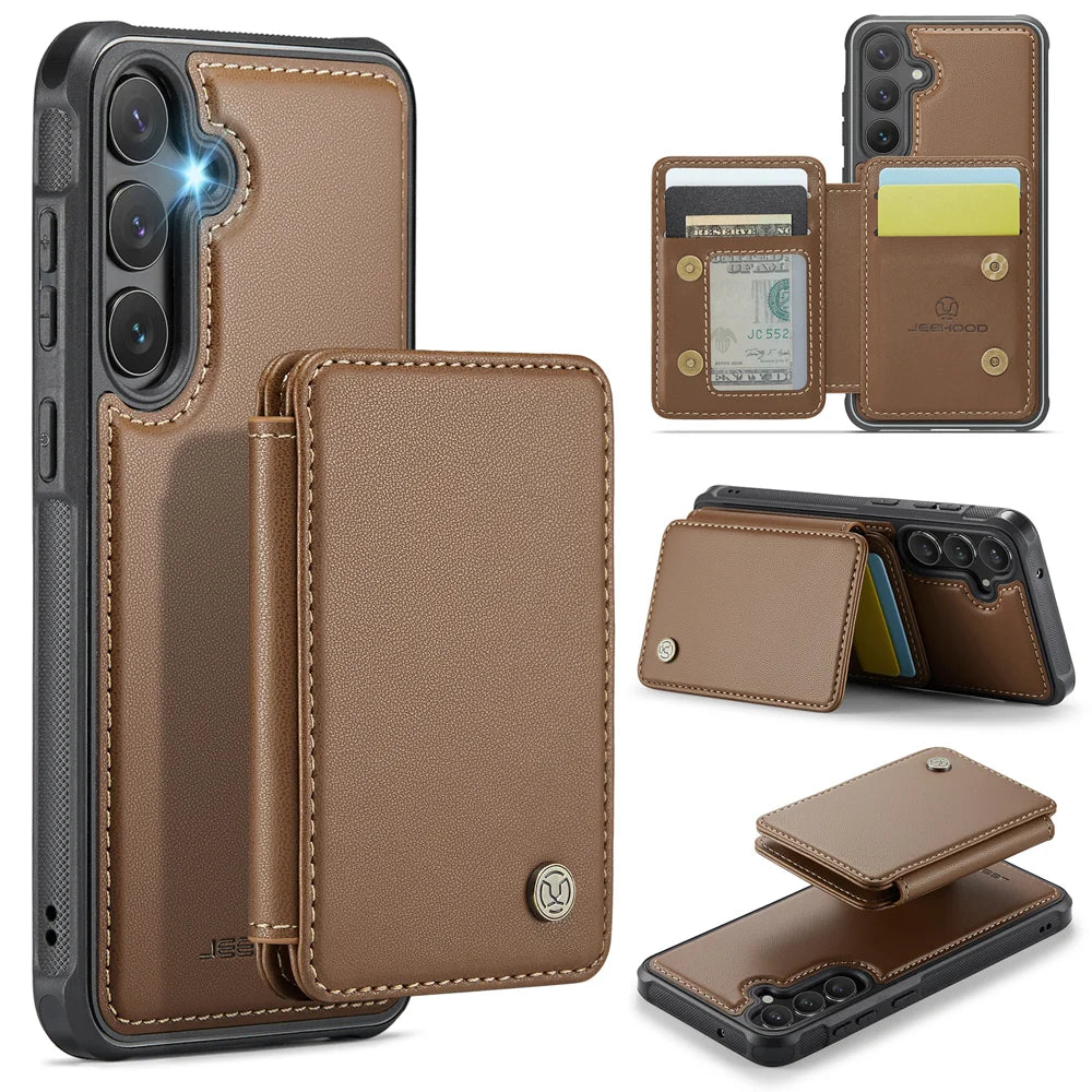 For Samsung Galaxy S23 FE Case JEEHOOD J05 Card Holder Kickstand Leather+TPU Phone Cover