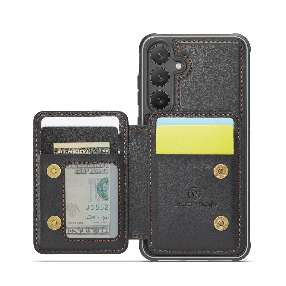 For Samsung Galaxy S23 FE Case JEEHOOD J05 Card Holder Kickstand Leather+TPU Phone Cover