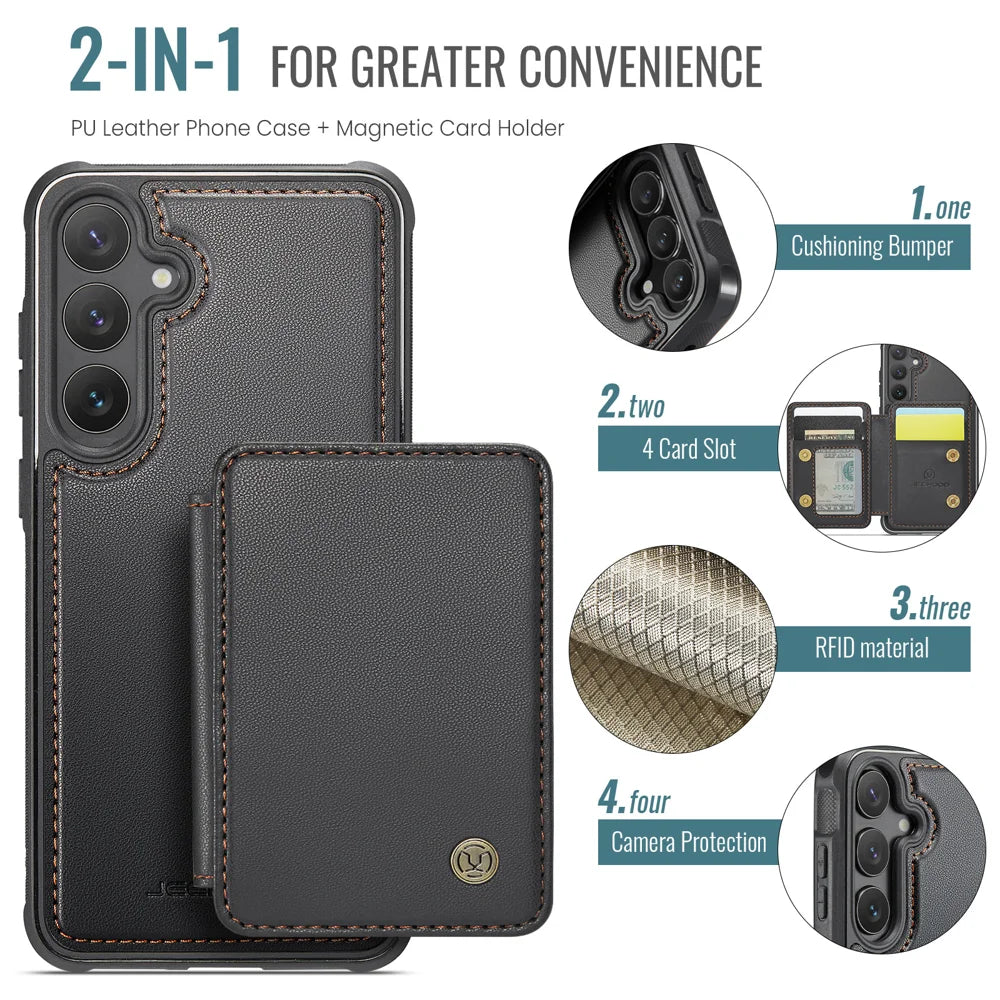 For Samsung Galaxy S23 FE Case JEEHOOD J05 Card Holder Kickstand Leather+TPU Phone Cover