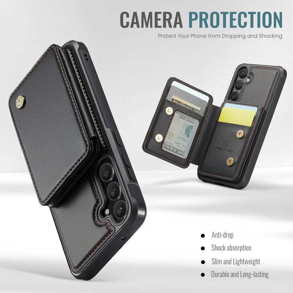 For Samsung Galaxy S23 FE Case JEEHOOD J05 Card Holder Kickstand Leather+TPU Phone Cover