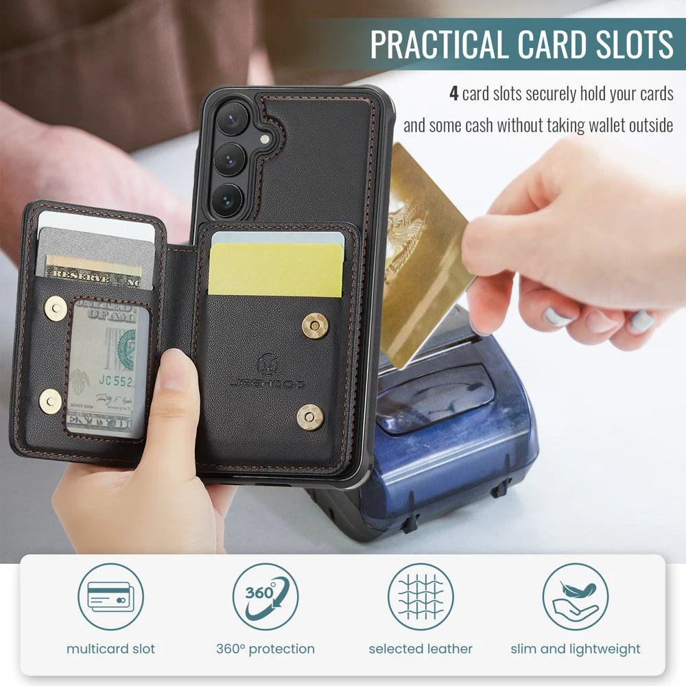 For Samsung Galaxy S23 FE Case JEEHOOD J05 Card Holder Kickstand Leather+TPU Phone Cover