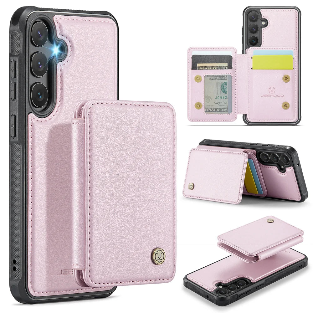 For Samsung Galaxy S23 FE Case JEEHOOD J05 Card Holder Kickstand Leather+TPU Phone Cover