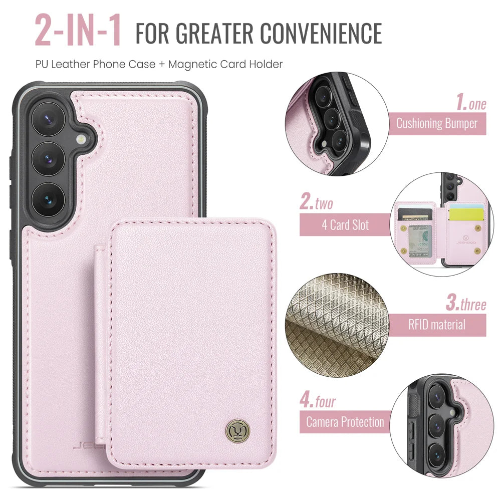 For Samsung Galaxy S23 FE Case JEEHOOD J05 Card Holder Kickstand Leather+TPU Phone Cover