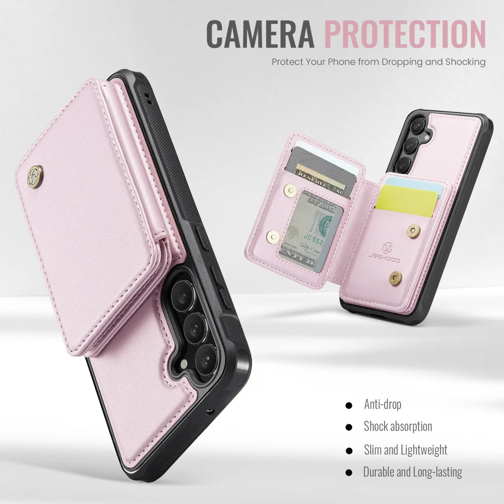 For Samsung Galaxy S23 FE Case JEEHOOD J05 Card Holder Kickstand Leather+TPU Phone Cover