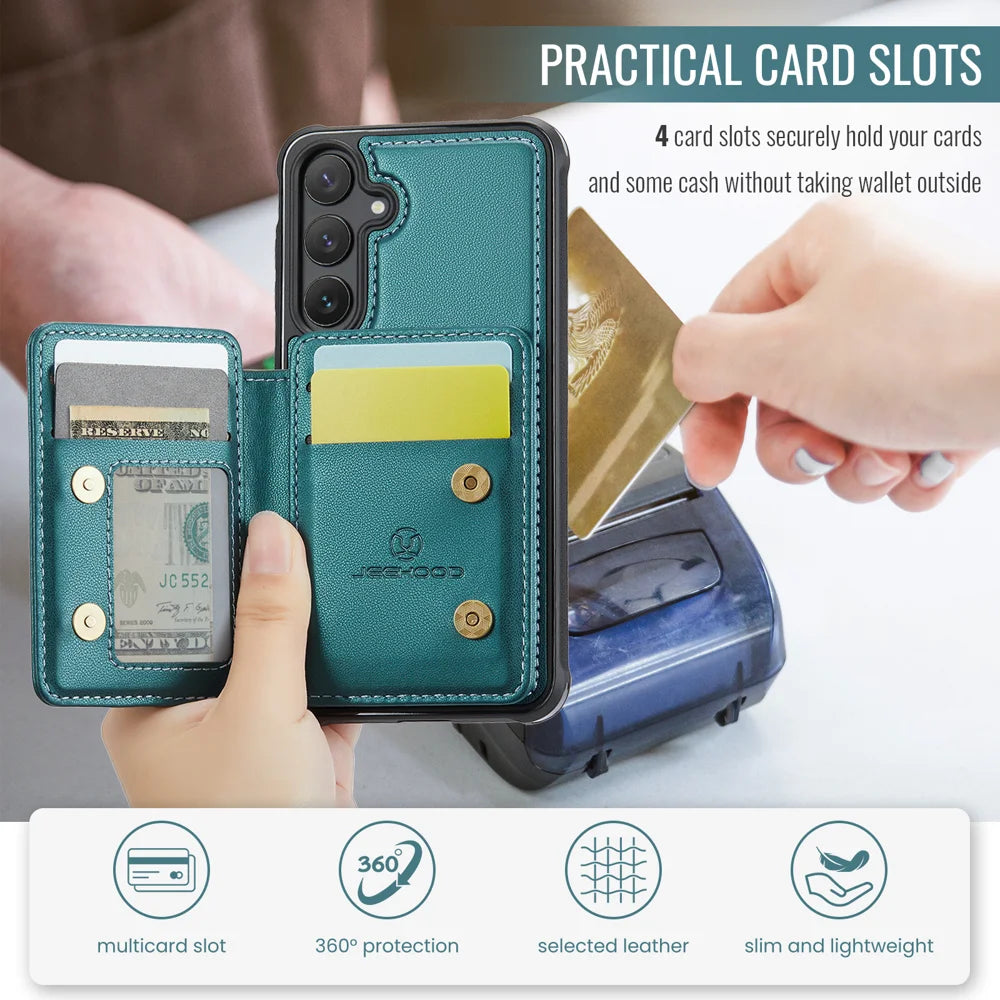 For Samsung Galaxy S23 FE Case JEEHOOD J05 Card Holder Kickstand Leather+TPU Phone Cover