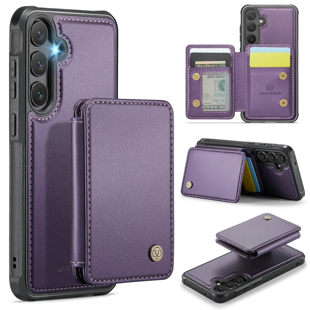 For Samsung Galaxy S23 FE Case JEEHOOD J05 Card Holder Kickstand Leather+TPU Phone Cover