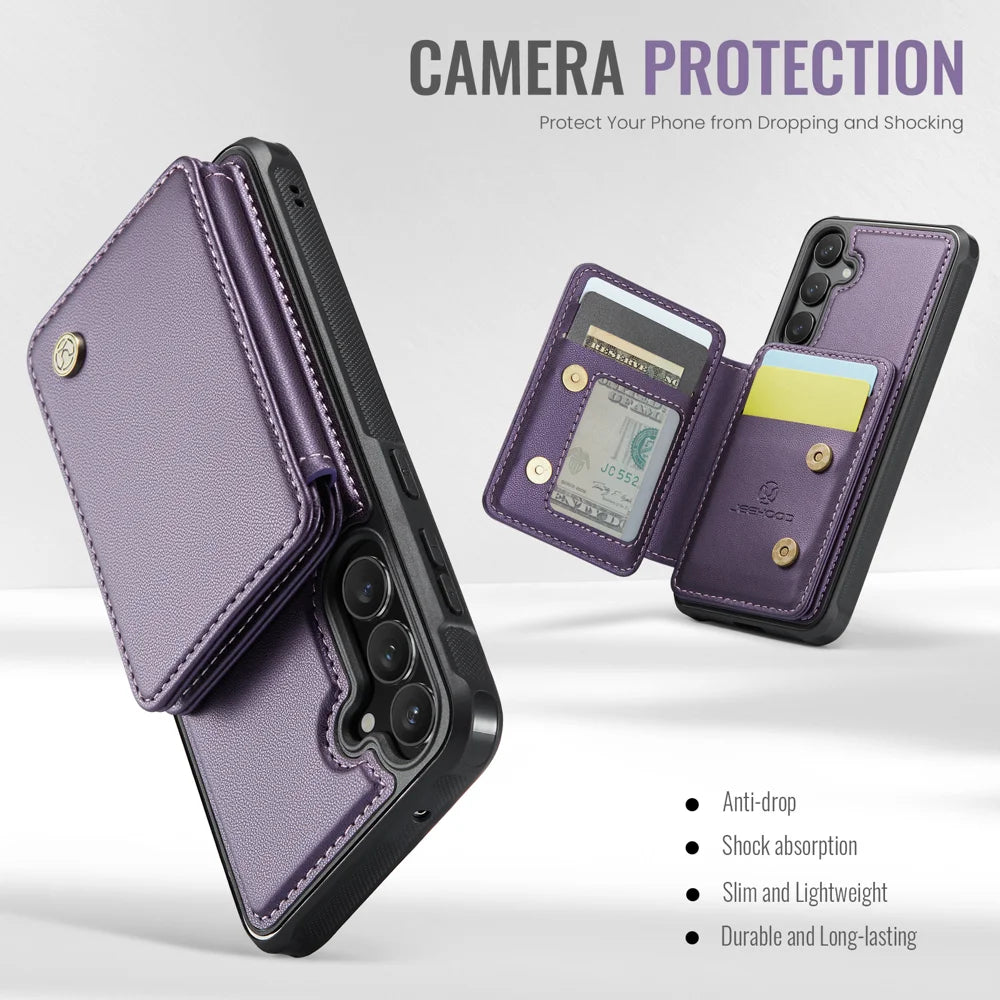 For Samsung Galaxy S23 FE Case JEEHOOD J05 Card Holder Kickstand Leather+TPU Phone Cover