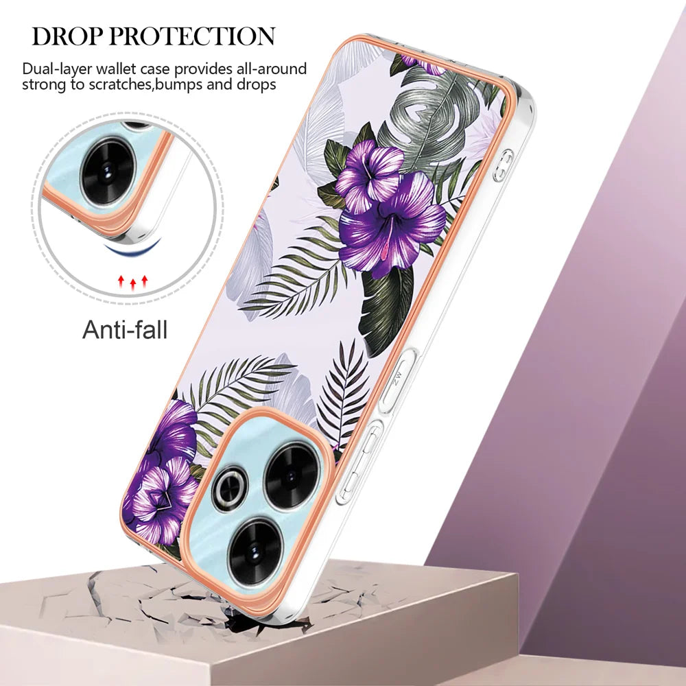 For Xiaomi Redmi 13 4G Case YB IMD Series-1 Style-A  IMD Marble Flower Pattern TPU Phone Cover