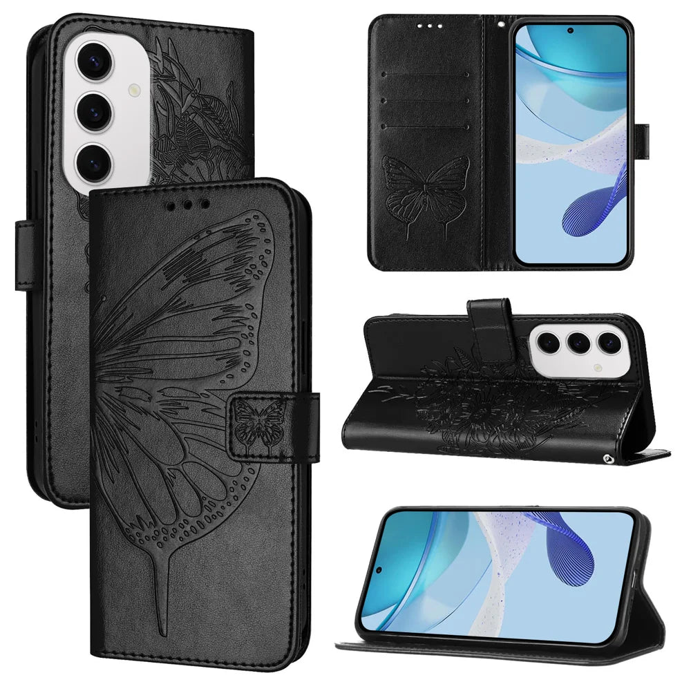 For Samsung Galaxy S24 FE Case YB Imprinting Series-4 Butterfly Flower Flip Wallet Leather Phone Cover