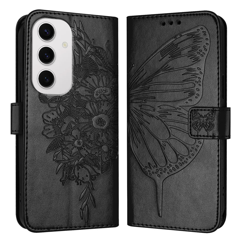 For Samsung Galaxy S24 FE Case YB Imprinting Series-4 Butterfly Flower Flip Wallet Leather Phone Cover