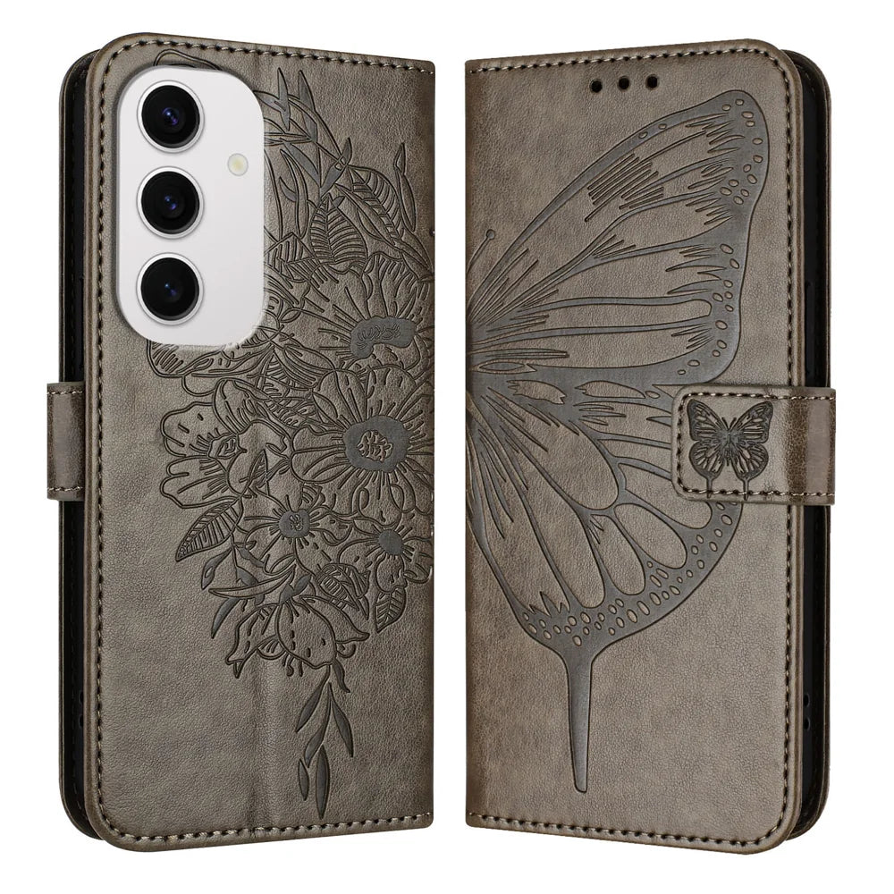 For Samsung Galaxy S24 FE Case YB Imprinting Series-4 Butterfly Flower Flip Wallet Leather Phone Cover